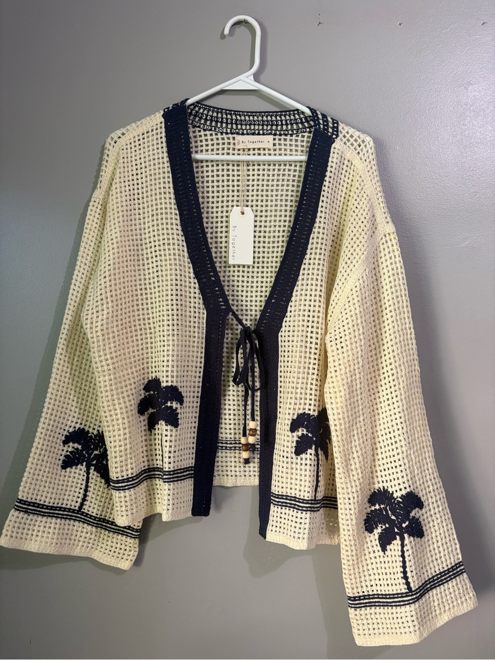 NWT Crochet Tie Waist Cardigan with Beaded Tie